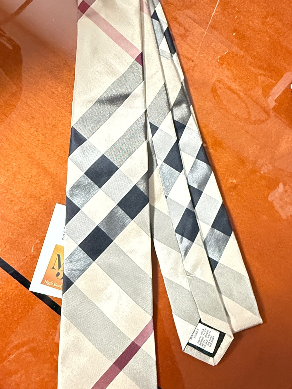 Burberry Beige and Navy Plaid Silk Tie with Subtle Maroon Stripe